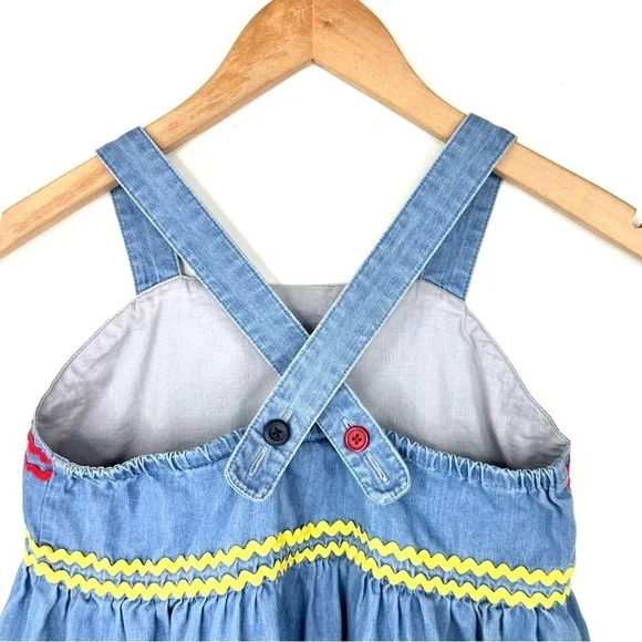Hanna Andersson chambray denim jean jumper dress 140/10 rickrack blue yellow red - Picture 6 of 15